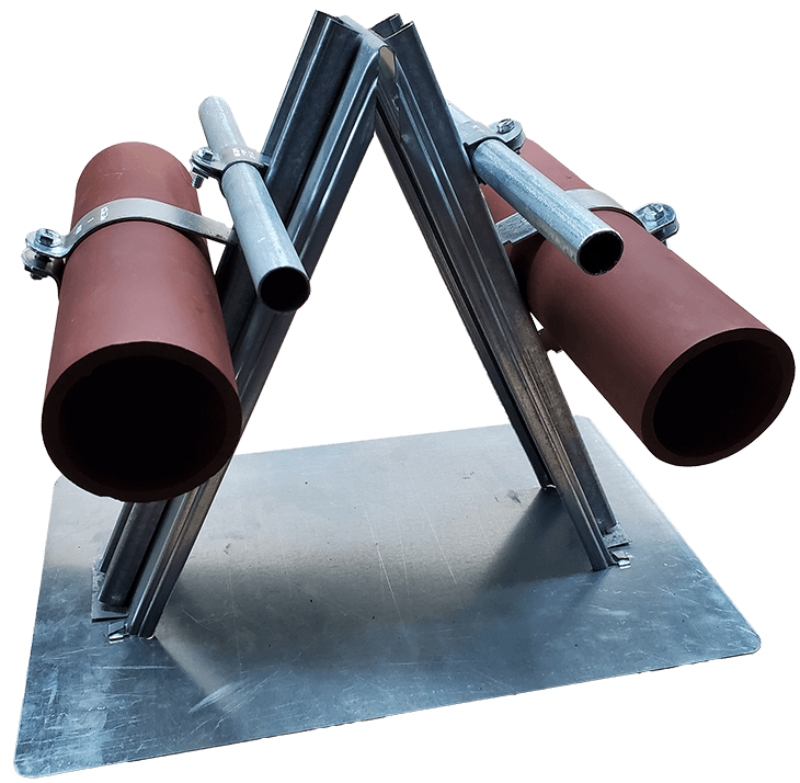 Adjust-A-Stand double-sided rooftop pipe support holding pipes on strut clamps